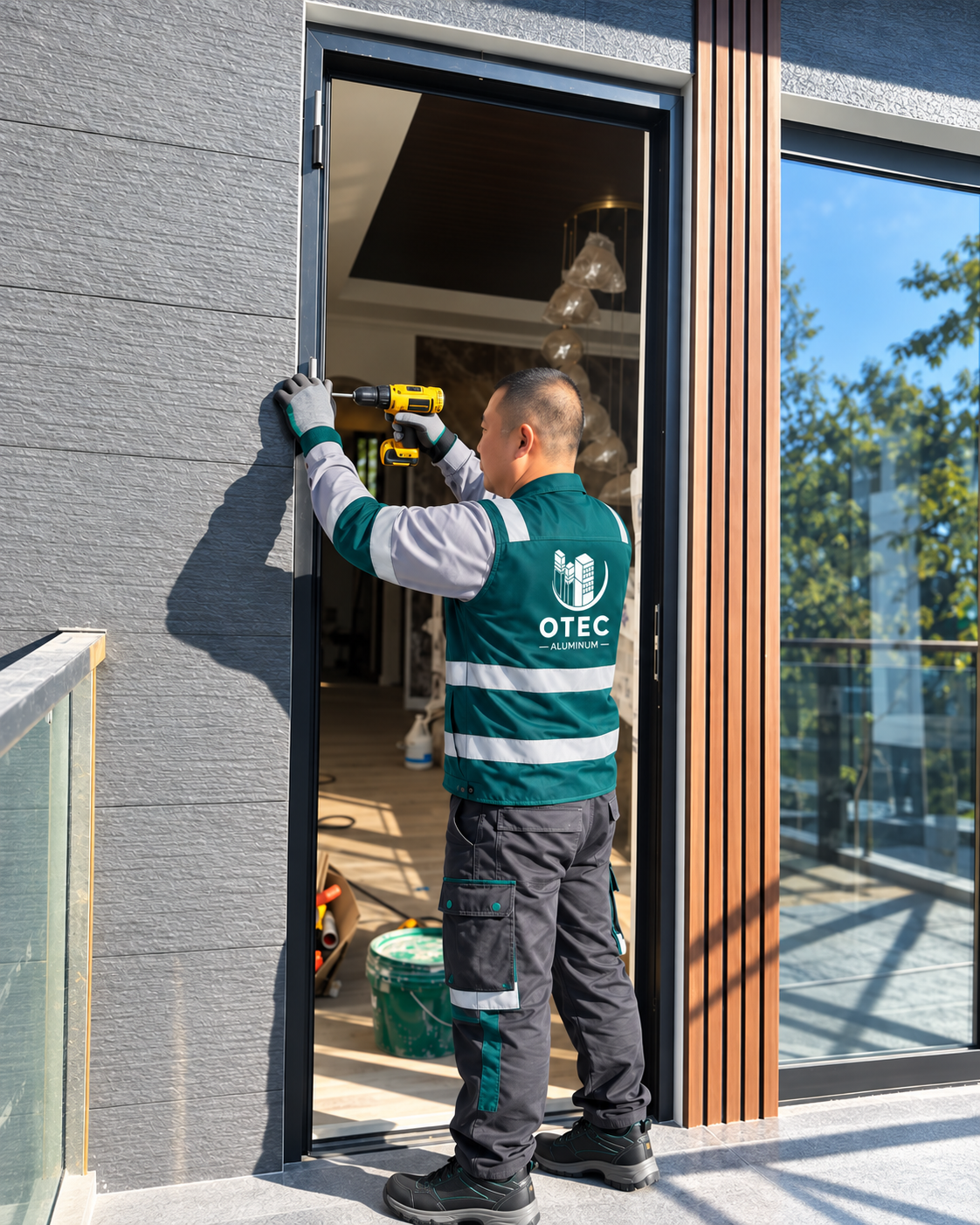 OTEC Window and Door Installation Update in Cavite OTEC installer using a drill to fix a dark aluminium door frame.