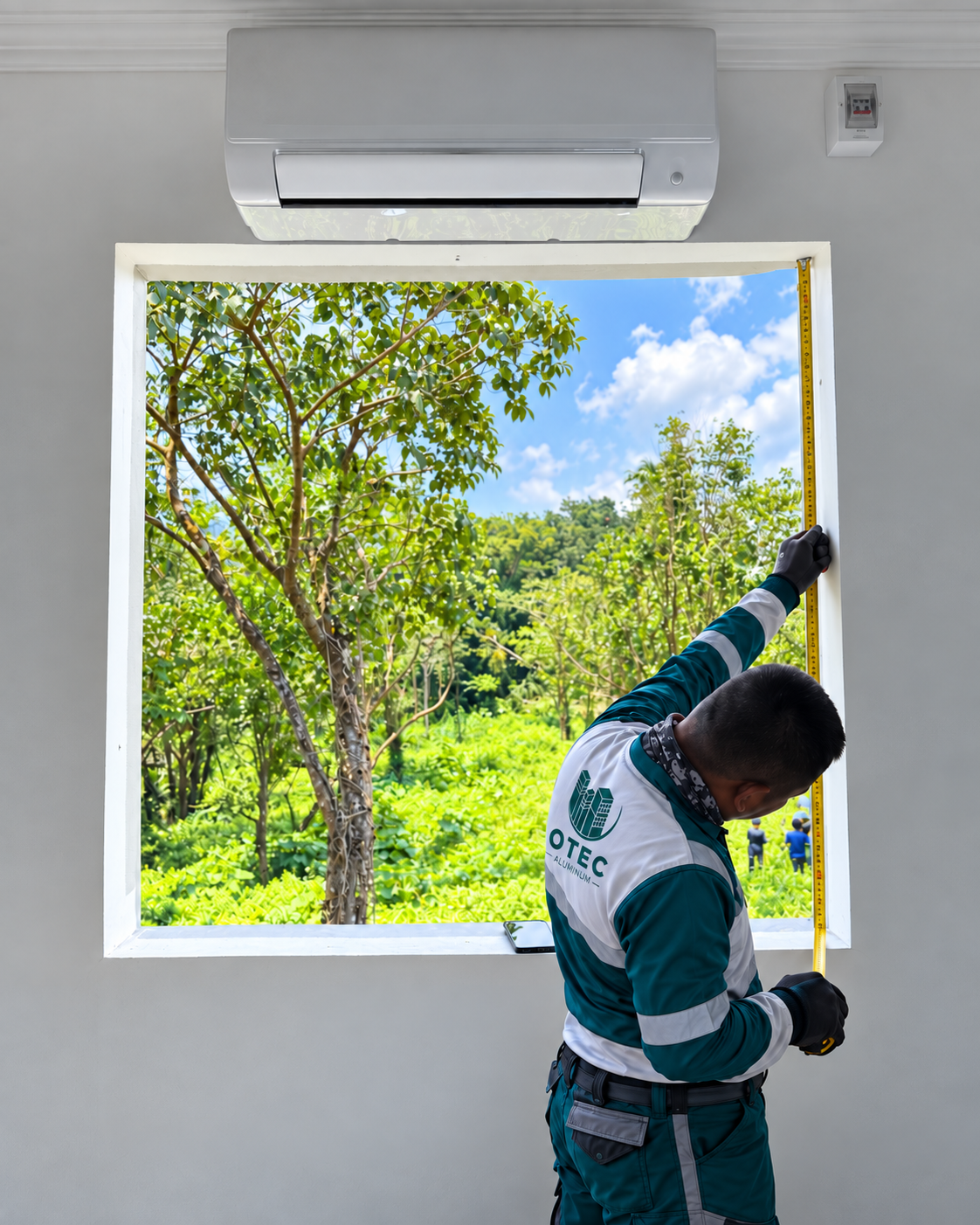 OTEC team member measuring the height of a window opening with a tape measure.