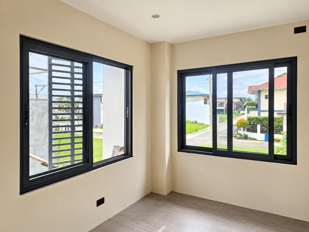 Dark aluminium sliding windows viewed from inside a residential room.